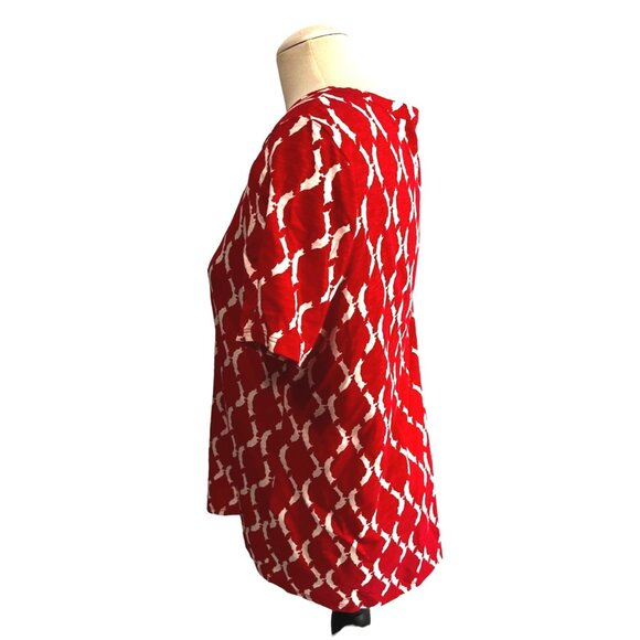 Chico's Red & White Geometric Blouse Lace Neck Sz 1 (Medium 8/10) Womens Short S - Picture 9 of 9
